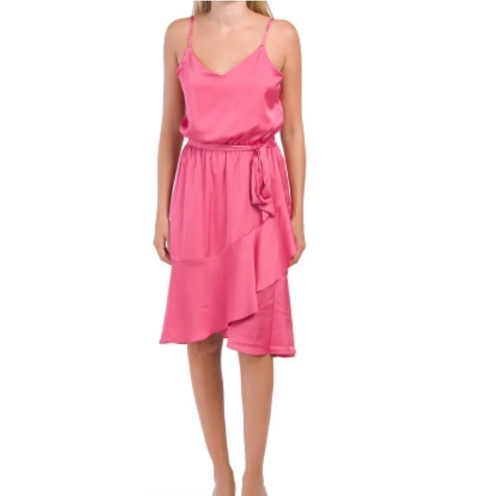 Tahari Ruffle Hem Pink Satin Dress Size L